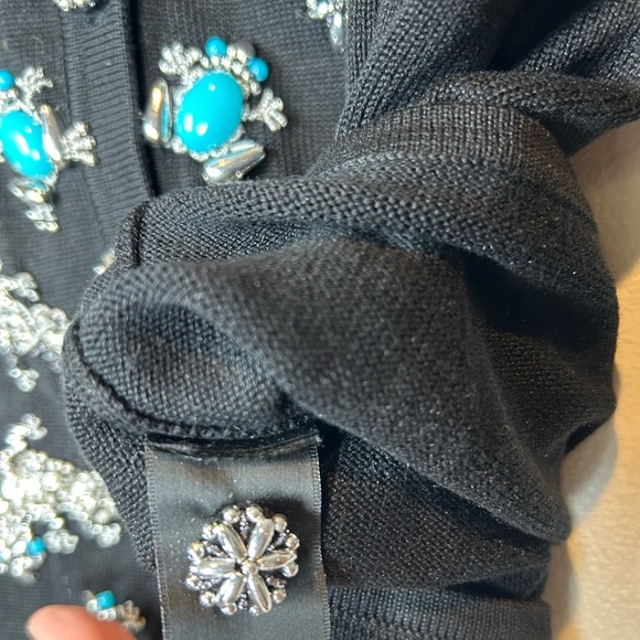 Michael Simon Black Cardigan with Silver & Turquoise Beaded Frogs Geckos Size S - Picture 8 of 11